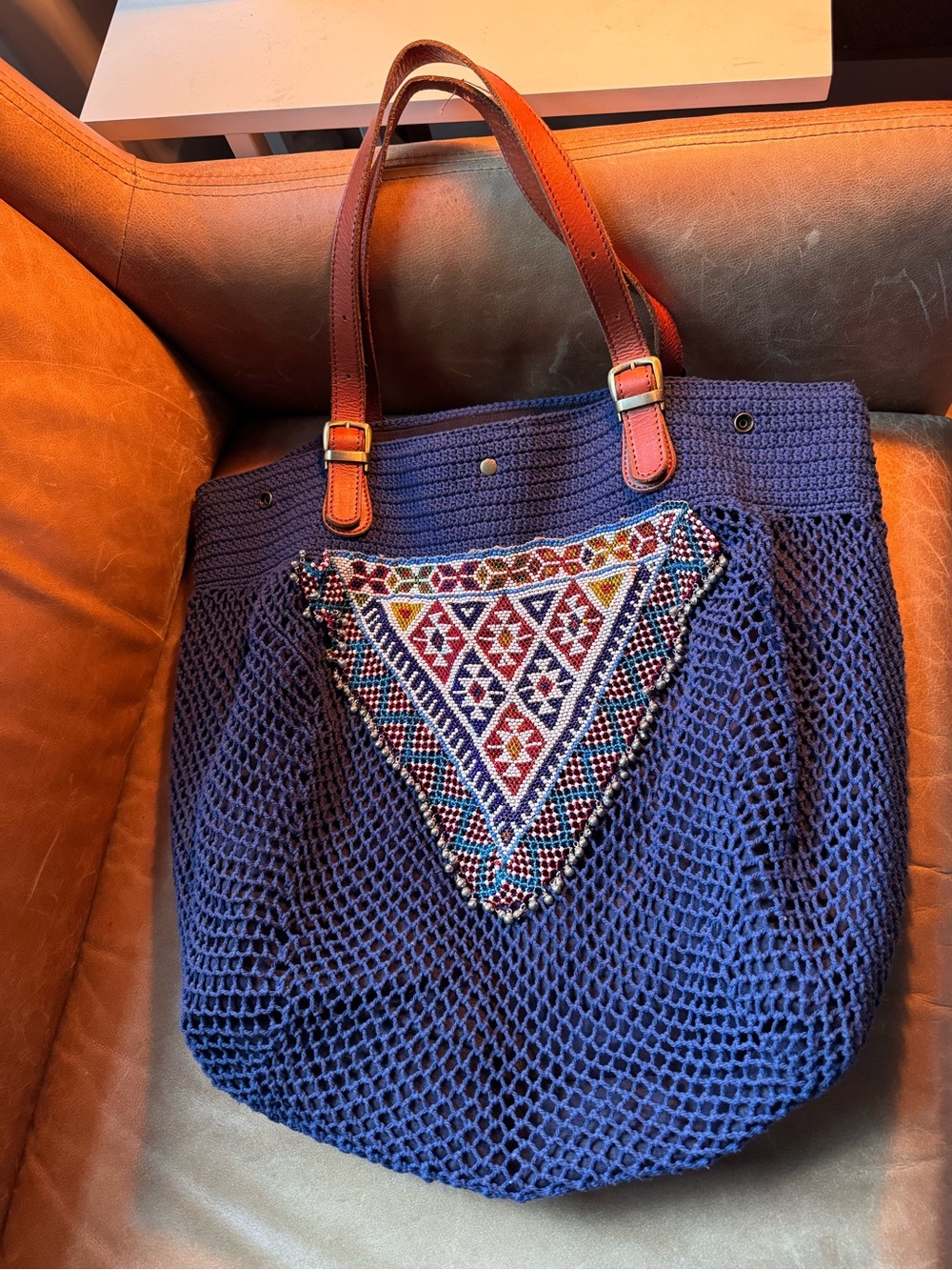 Elliot Mann Crochet Tote w Beaded bells fringe tassel net mesh summer leather - Picture 5 of 17